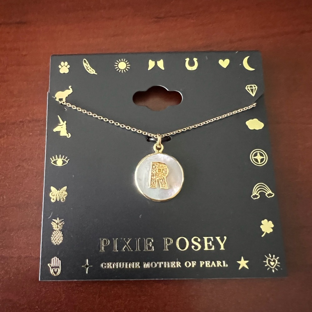 Pixie Posey gold plated mother of pearl crystal initial “R” pendant necklace 18”